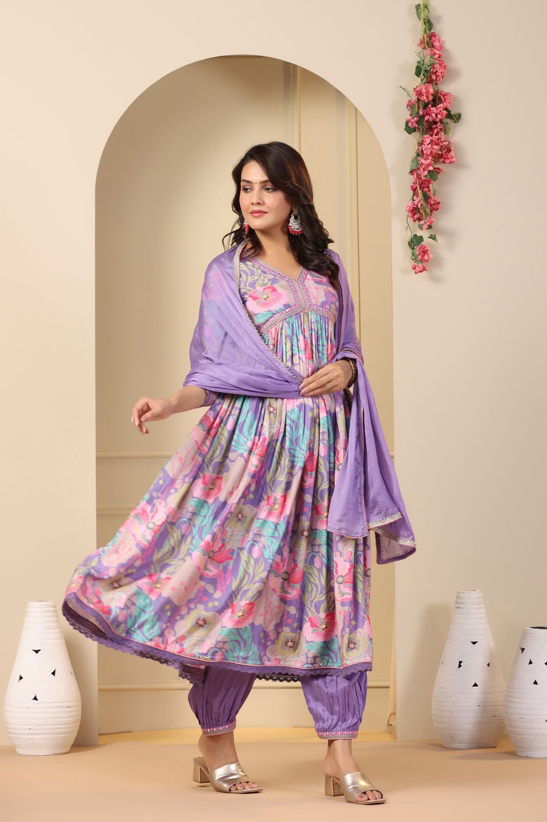 Floral Print Cape-Style Anarkali Gown with Dupatta