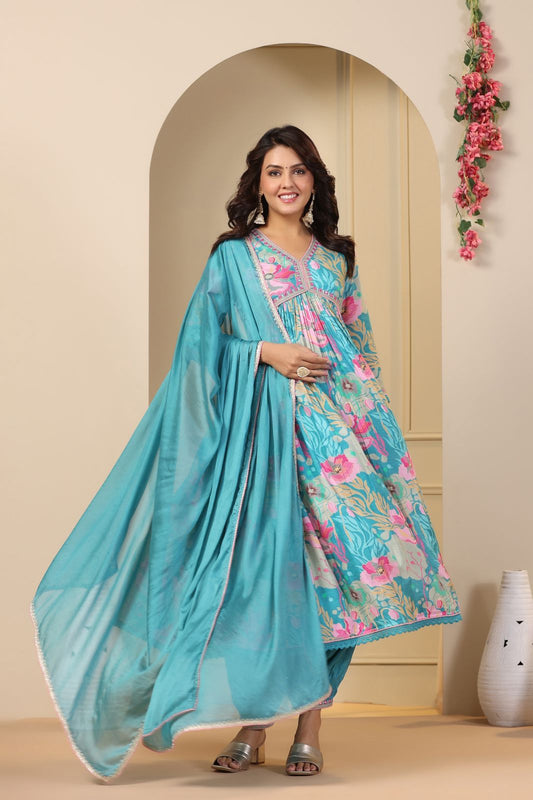 blue floral printed cape-style dress or gown with a long dupatta (scarf).