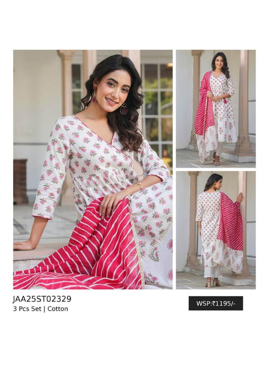 Elegant Cotton 3-Piece Kurta Set with Printed Dupatta & Palazzo