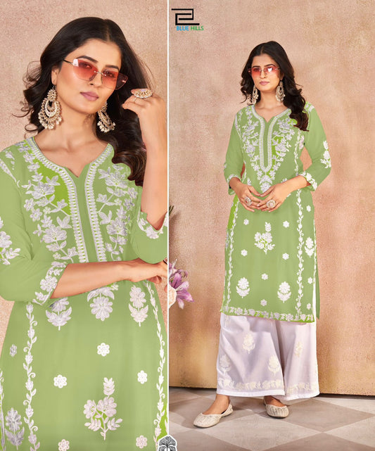 light green Embroidered Straight Kurta with White Palazzo Set