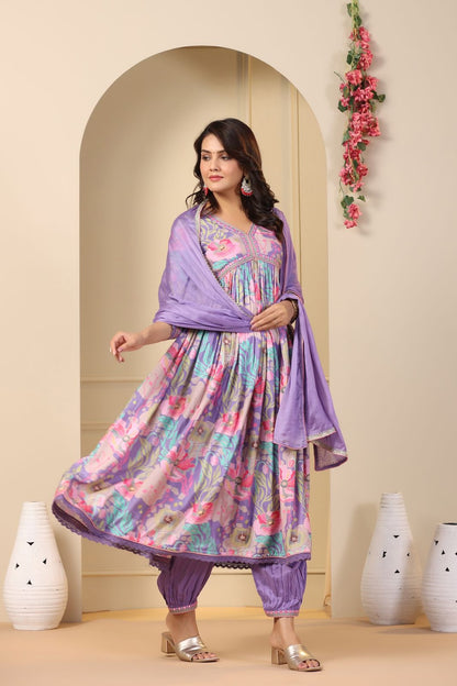 Floral Print Cape-Style Anarkali Gown with Dupatta