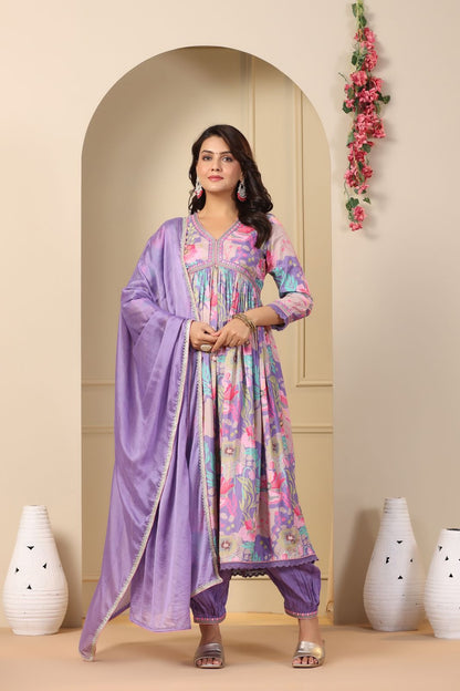 Floral Print Cape-Style Anarkali Gown with Dupatta
