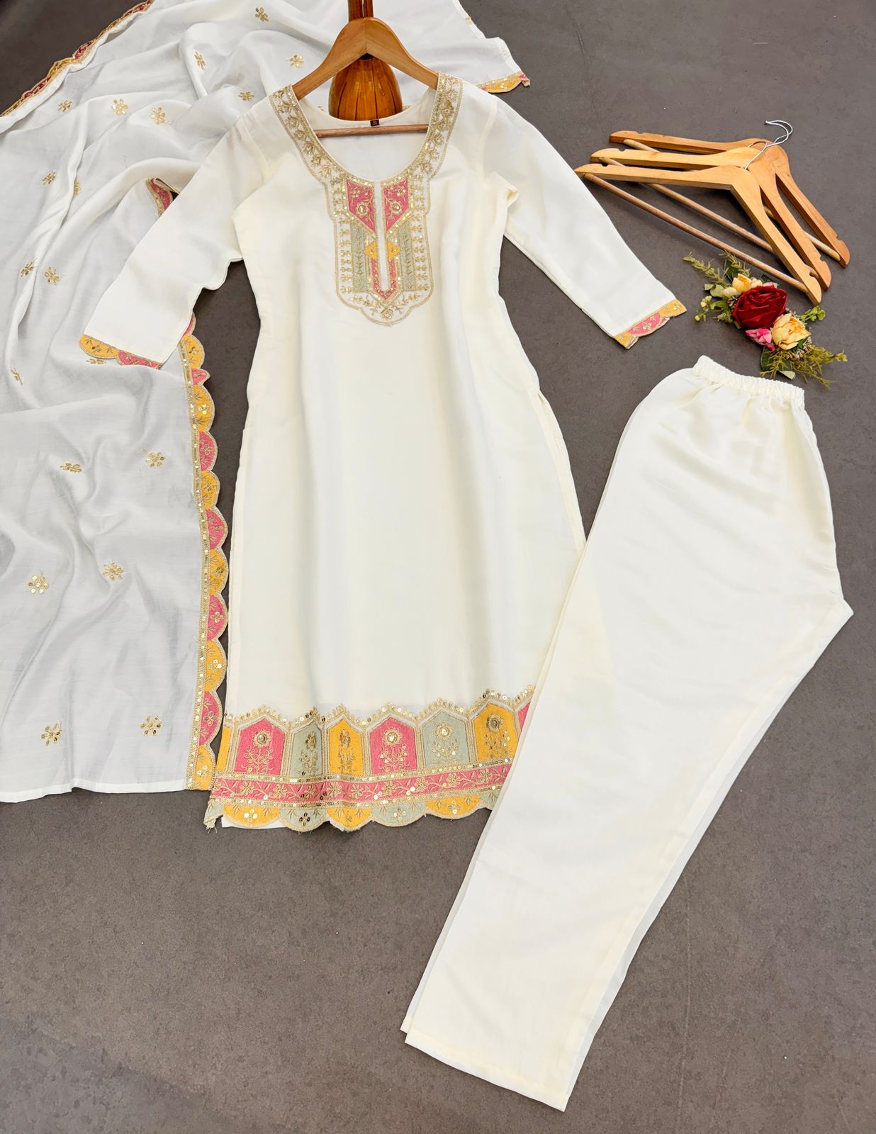 Cream Embroidered Salwar Suit with Dupatta for Women