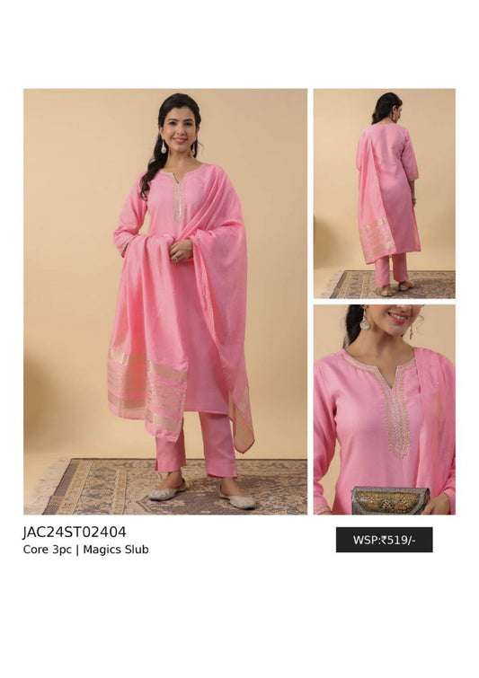Pink Cotton 3-Piece Kurta Set with Printed Dupatta