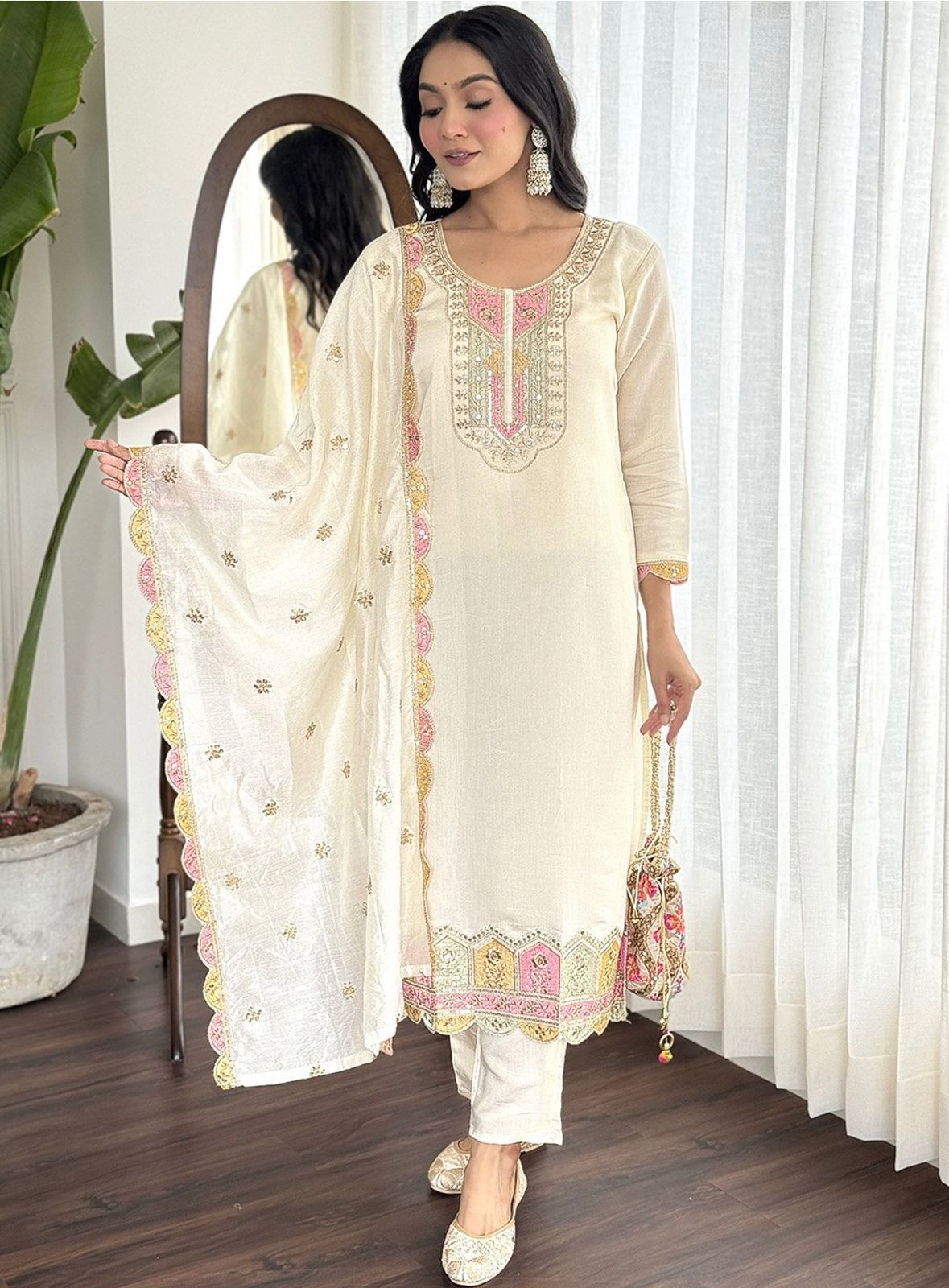 Cream Embroidered Salwar Suit with Dupatta for Women