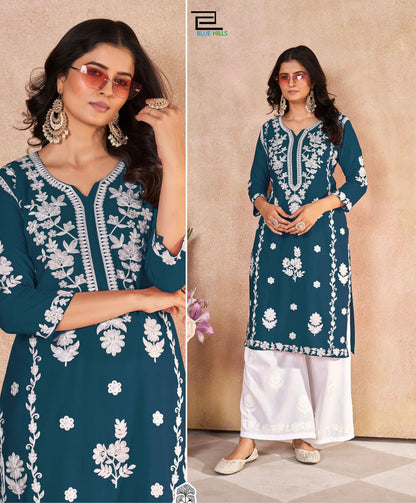 Teal Blue Embroidered Straight Kurta with White Palazzo Set