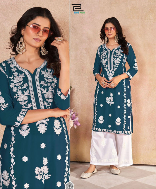 Teal Blue Embroidered Straight Kurta with White Palazzo Set