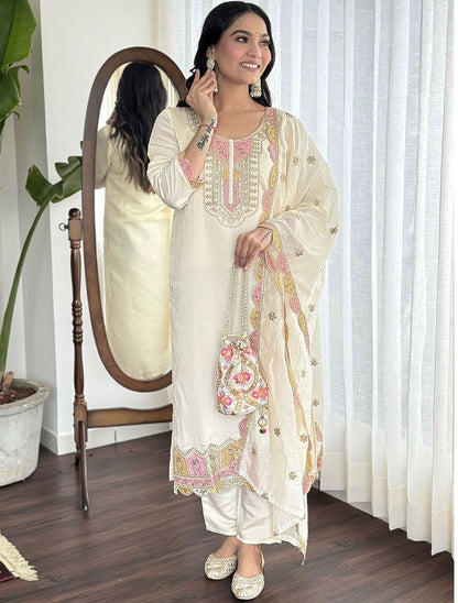 Cream Embroidered Salwar Suit with Dupatta for Women